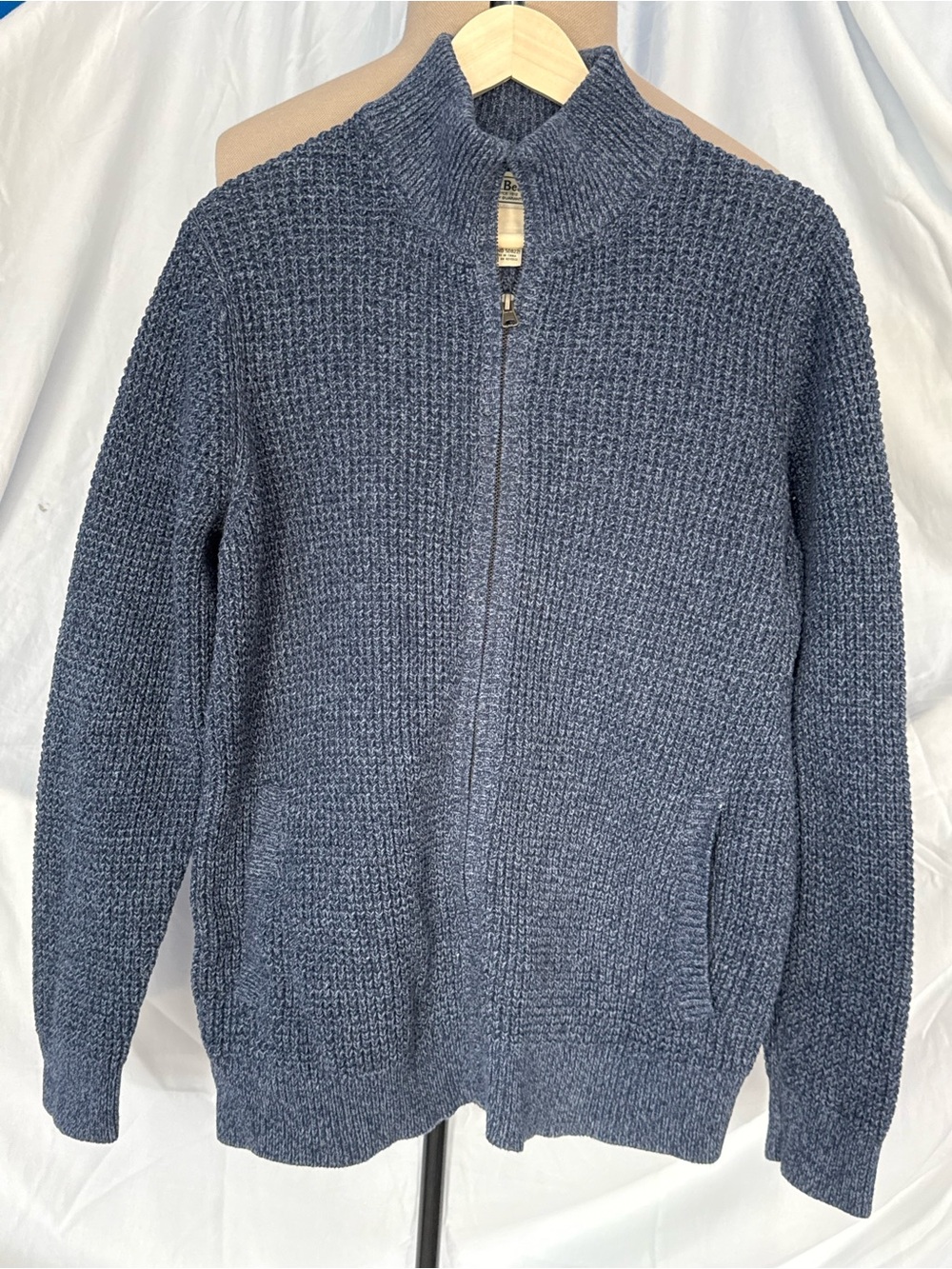 L.L. Bean Men’s Blue Organic Cotton Waffle Full Zip Sweater L